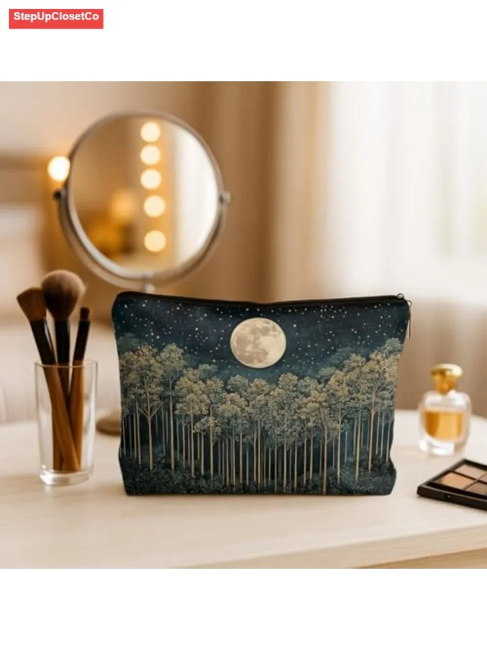 Waterproof Linen Cosmetic Bag Toiletry Pouch Cottagecore Night Forest
